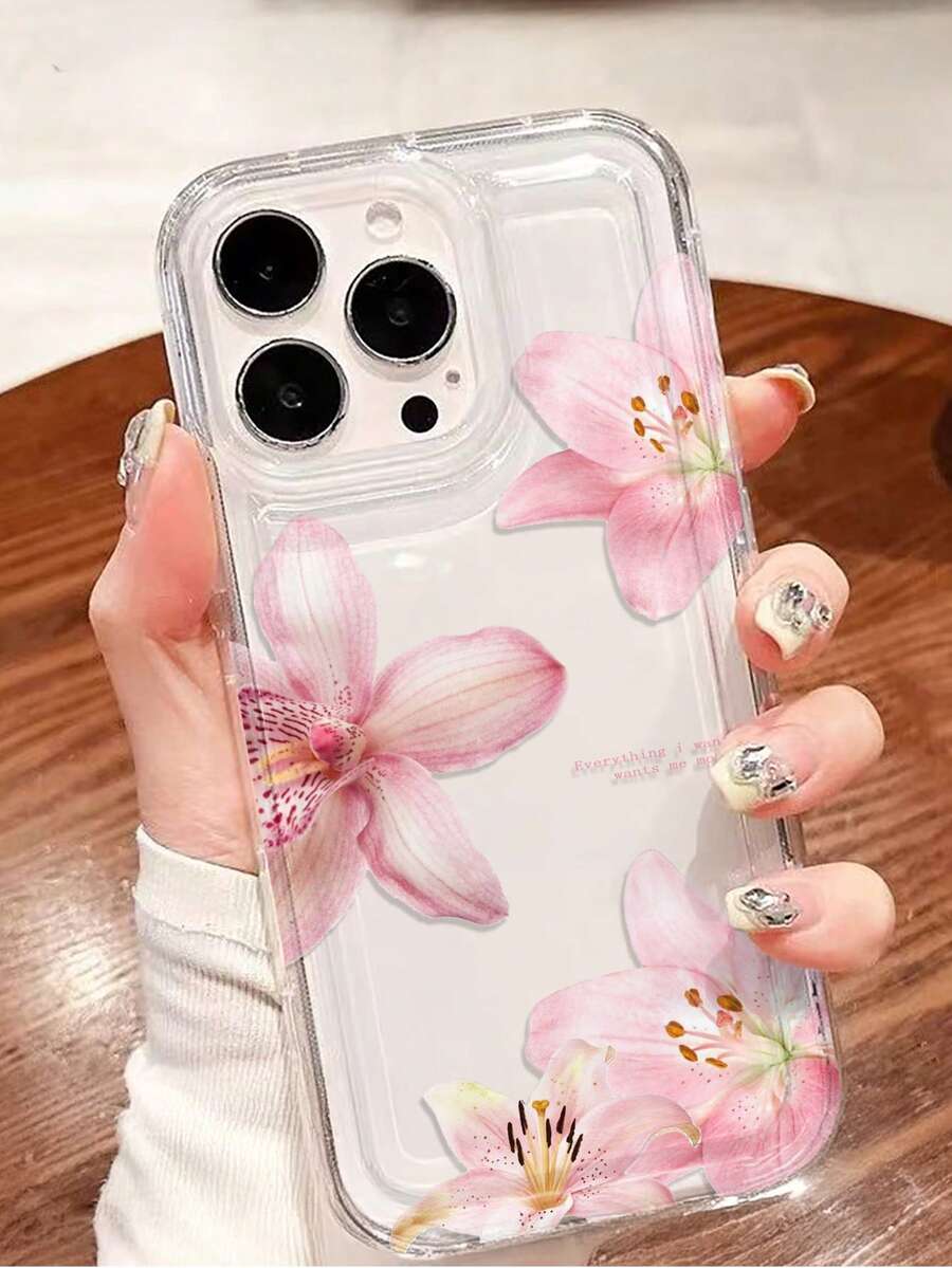 1pc Pink Lily Flower & Letter Transparent Air Cushion Anti-Drop Phone Case, TPU Material, Suitable As Holiday Gift Compatible With Apple Phones XS/XS Max/XR/11 12 13 14 15 16 Pro/Pro Max/14 15 16 Plus And Series Waterproof Shockproof Scratch Resistant - Multicolor - View 1