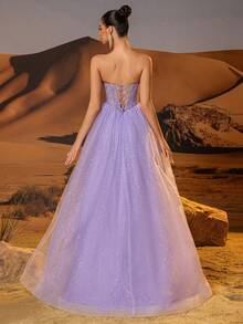 Strapless Sparkly Lace Embroidery Prom Gown With Boned Tulle Corset Glitterin Hem Homecoming Dresses A Line Long Elaborate Lace Sequin Party Ball Gown - 淡紫色 - 查看 2