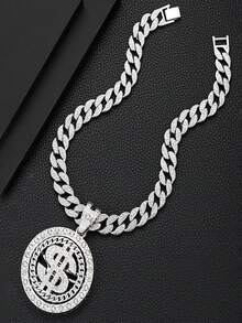 复古嘻哈时尚可旋转美元符号大号链条项链，配锆石吊坠，适合男女，可作为送给男朋友的圣诞派对和节日礼物 - 旋轉美金 - 查看 20