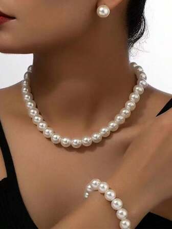 4pcs/Set Elegant Pearl Beaded Necklace + Bracelet + Earrings Jewelry Set, Suitable For Evening, Date, Party
