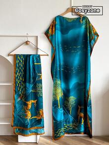 一件装印花雪纺浴袍套装，女士夏季沙滩罩衫配围巾，防晒 - 藍色 - 查看 2