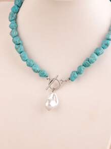 1pc Asymmetrical Turquoise & Faux Pearl Pendant Necklace For Women, Handmade Beaded Necklace With Varying Turquoise Patterns, Suitable For Everyday Wear