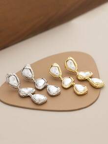 2pcs Retro Asymmetrical Metal Faux Pearl Clip On Earrings, Long Geometric Design For Non-Pierced Ears - Clip - View 8