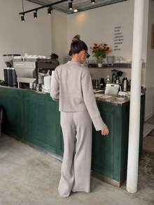 2 件套女士时尚休闲领口袋设计针织裤套装，适合返校、圣诞节、约会之夜、露肩毛衣、韩式、秋季、端庄、派对、Y2K、外出、音乐会、新年、冬季 - 淺灰色 - 查看 3