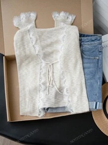 Apricot Lace Patchwork Short Tie Knit Cover Up, V-Neck Sunscreen Cover Up Jacket For Women, Summer
