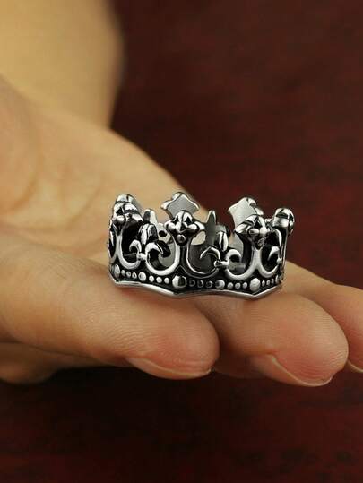 1pc Vintage And Personalized Stainless Steel Cast Men's Crown Ring Fashion Accessory
