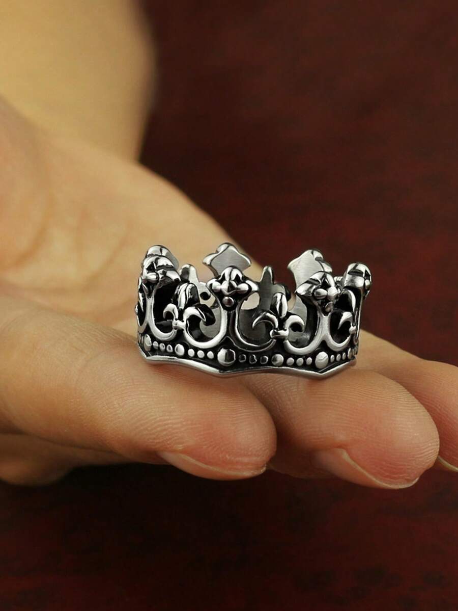 1 pieza Anillo de corona de acero inoxidable personalizado vintage, accesorio de moda para hombres - Plateado - Ver 1