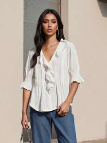 Women's Button Down Blouse Loose Fit Solid/Floral Print Ruffled V Neck Elbow Sleeve Tops - trắng - Xem 3