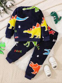 Chatreadl 男童两件套休闲可爱酷炫恐龙毛绒夜光长袖长裤家居服套装适合秋冬季 - 藏蓝色 - 查看 2
