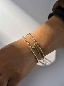 Nooxian 3pcs/Set Elegant Luxury Style Gold Rice Pearl & Rhinestone Chain Heart Pendant Layering Bracelets For Women