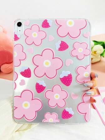 Funda de TPU suave y ultraligera con diseño de flor de fresa transparente y corazón de dibujos animados, minimalista/divertida/linda/exclusiva/personalizada/creativa, adecuada para Mini 1/2/3/4/5/6/7, Air/Air2, 9.7/10.2/10.5, Air 4/5, Pro 11 pulgadas, 10th Gen, Air 11 pulgadas (M3) 2025, 11 pulgadas (A16) 11th Gen 2025, Galaxy Tab A7/A8. (El producto no incluye lápiz stylus)