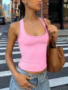 Áo tank top crop top nữ màu hồng trơn, dáng ôm, phong cách thường ngày, gợi cảm, thích hợp cho mùa xuân hè, đi nghỉ mát. - Hồng - Xem 2