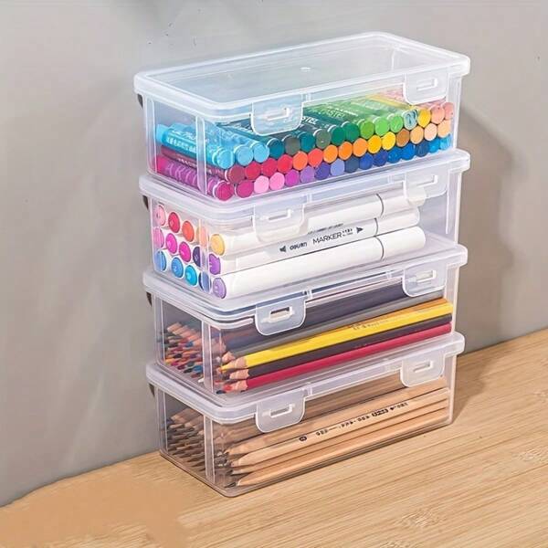 4pcs Large Transparent PP Storage Boxes With Secure Lids - Lightweight Unfinished Surface Organizers For Office, School Supplies, Markers, Pencils, Crafts | Stackable, Clear Visibility, Secure Closure, Storage Organizer, Craft Item Organizer, Lightweight Design, Easy Visibility Material,Pencil Case,Pencil Pouch,School Bag, School Supplies,Back To School
