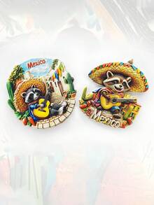 1pc 2025 New Authentic Mexican Street Guitar Mariachi Hat Raccoon | Fridge Magnet | Commemorative Souvenir Gift - 3D Magnetic Sticker Decoration, Ins Style Magnetic Sticker - Multicolor - View 5