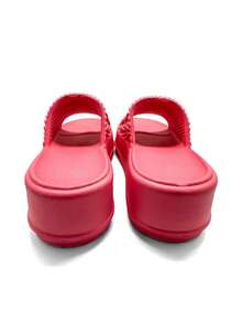 女士厚底拖鞋平底凉鞋，系带防滑厚底休闲户外/室内蓬松流苏拖鞋 - 玫紅色 - 查看 10