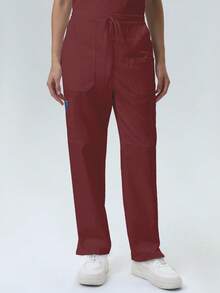Women's Scrub Pants, Comfortable Pants, Solid Color Simple Multi-Pocket Pants Spring - Burgundy - View 4
