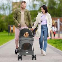 Wedyvko Passeggino a 4 ruote  per cani e gatti di piccola/media taglia, trasportino pieghevole leggero per jogging/viaggi/centri commerciali, passeggino per cuccioli in rete traspirante con cestino portaoggetti e portabicchieri. - Grigio Scuro - Visualizzare 7