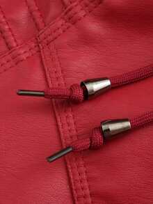 Women's Detachable Hood Faux Leather Jacket - Red - View 6