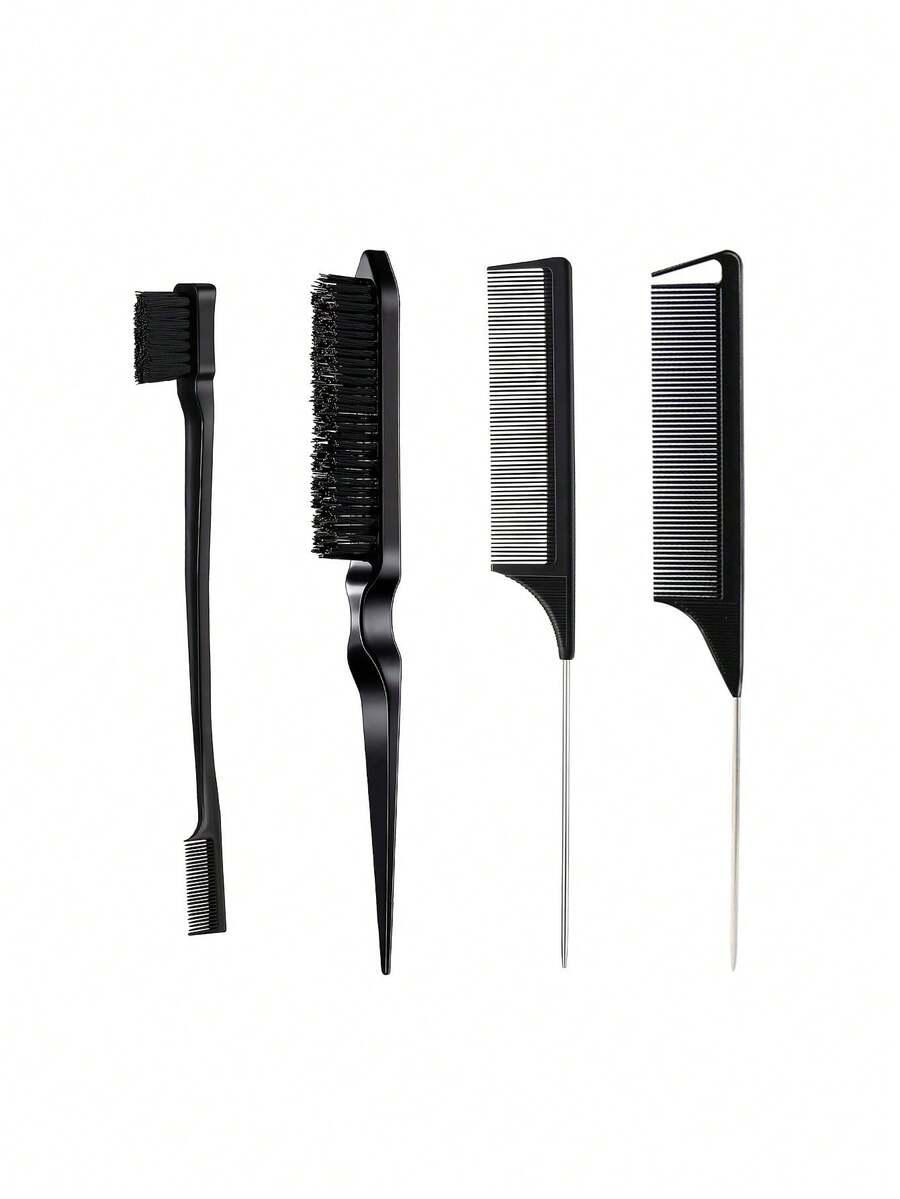 4 件套发刷和造型工具套装，包括边缘控制刷、发梳、尾梳，适用于旅行必需品、发型设计、头发用品、梳子、发饰、发型设计套装、美发工具套装、发型设计套装、发型设计工具、美容 - 黑色 - 查看 1