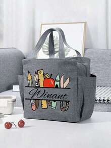 定制姓名并印有文具和苹果图案便携式保温午餐袋双口袋午餐袋，大容量学生餐加厚铝箔便携式保温盒