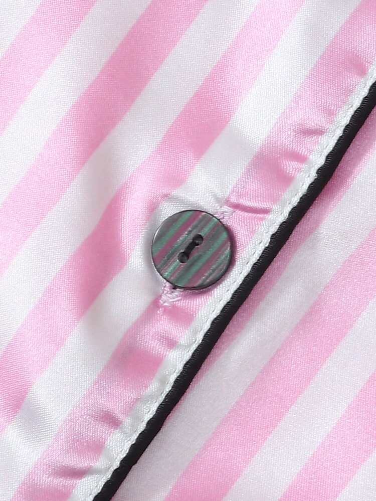 3pcs Satin Women Pajama Set, Short Sleeve Top, Shorts & Pants, Casual Loose Sleepwear For Spring, Summer, Autumn & Winter, Basic Style, Comfortable & Suitable For Home & Outdoor, Pink - Pink - View 7