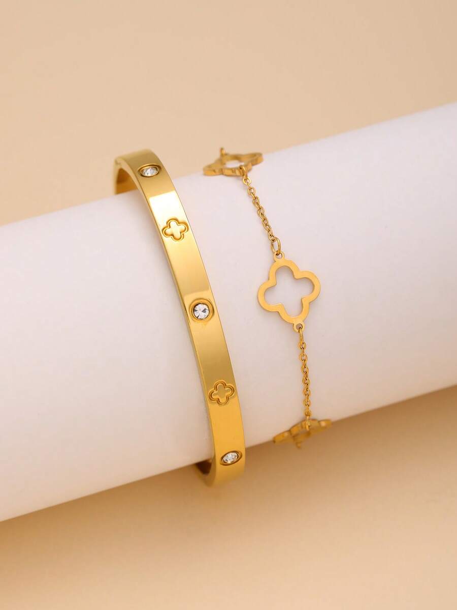 2pcs Set Fashionable Luxurious Four-Leaf Clover Stud Bangle & Bracelet, Versatile Stainless Steel Jewelry Gift Sets For Women, Suitable For Daily Wear - Yellow Gold - View 1