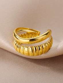 1 件时尚朋克风格编织几何双层空心不锈钢戒指，18K 镀金贝壳纹理双层设计，男女通用，适合日常佩戴，送给朋友的礼物