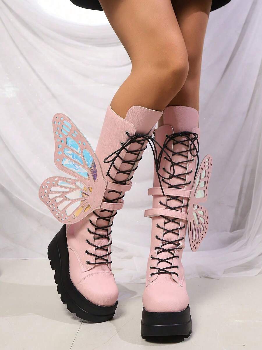 Women's Round Toe Thick Heel Tall Boots, Pink, Lace-Up Elastic Fashion Boots For Autumn/Winter,Y2k Shoes - Pink - View 1
