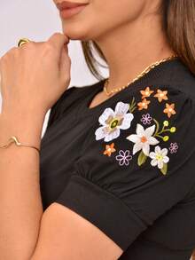 Women's Marsala Blouse Elegant Casual Puff Sleeve Embroidered T-Shirt Luxury Comfortable 100% Cotton