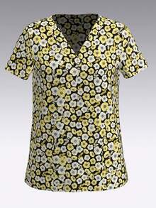 Women's V-Neck Top Floral Pattern Printed Nurse Uniform, Scrub Top With Pockets - Multicolor - View 1