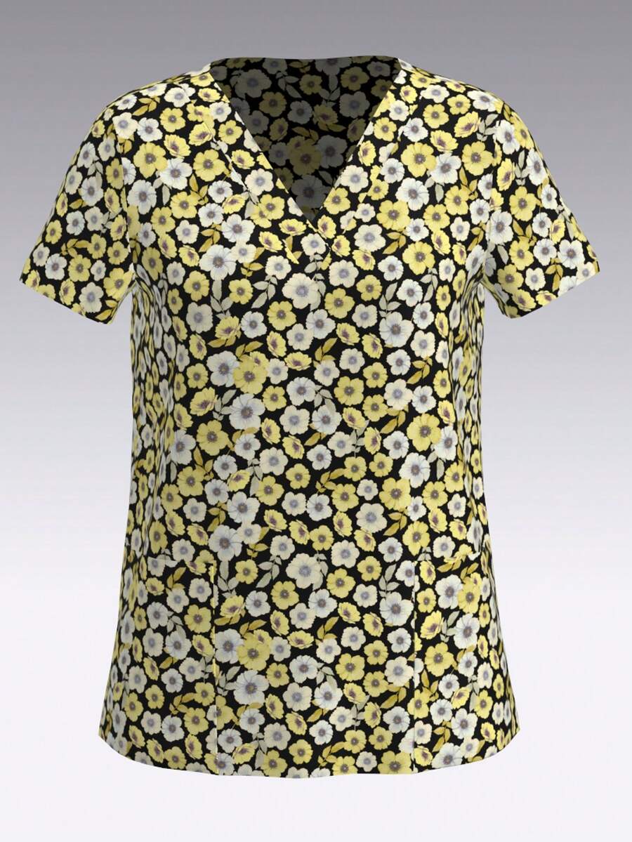 Women's V-Neck Top Floral Pattern Printed Nurse Uniform, Scrub Top With Pockets - Multicolor - View 1