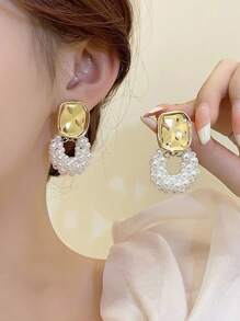 1 Par de Pendientes Colgantes Elegantes Geométricos de Imitación de Perla Franceses de Lujo, Adecuado para Banquetes, Fiestas y Vacaciones de Mujer en Primavera/Verano