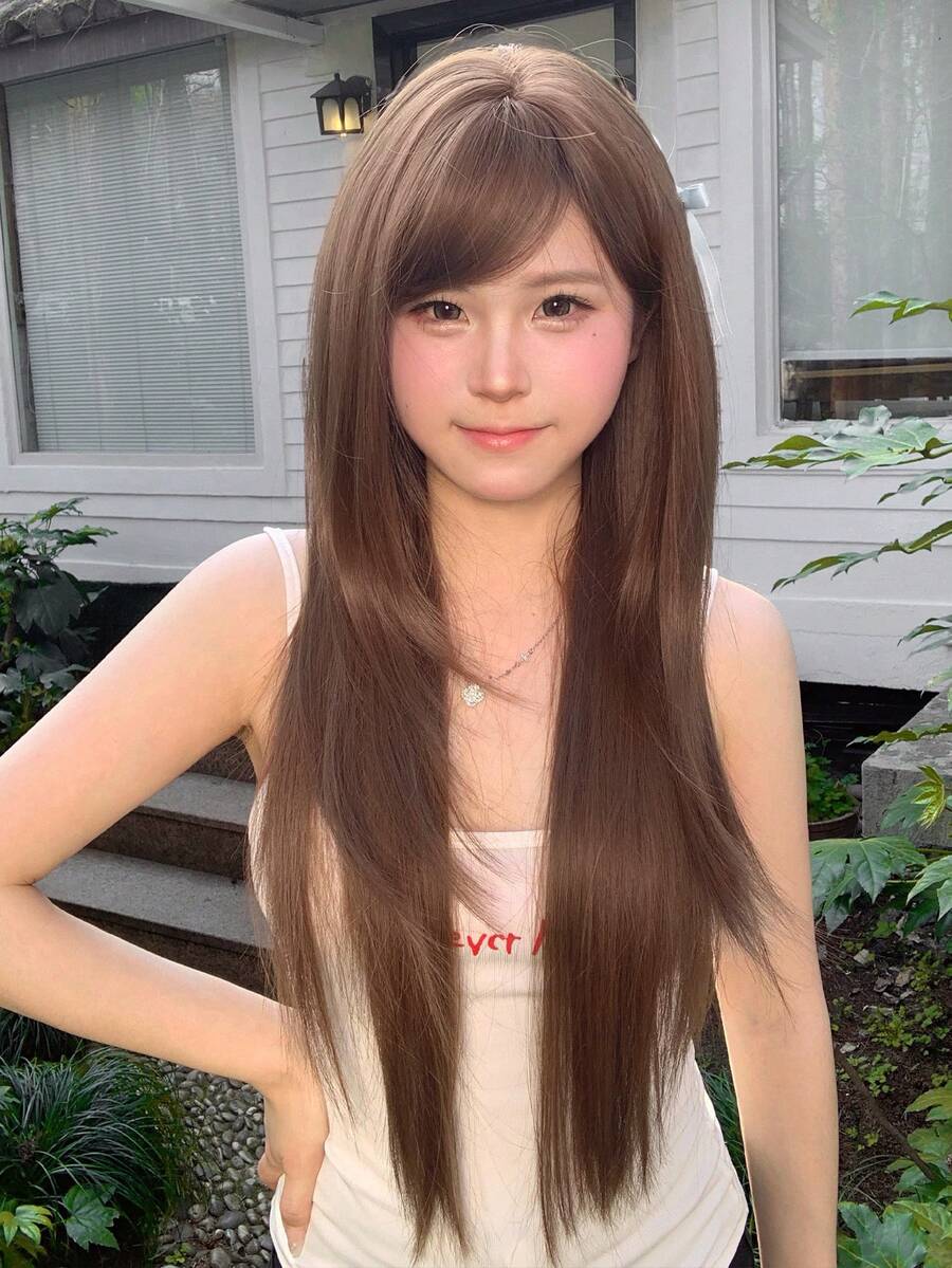 alicegarden 1 合成耐热长直发假发，带刘海，棕色长直发，30 英尺长，纤维制成，时尚假发，自然逼真 - 棕色 - 查看 1