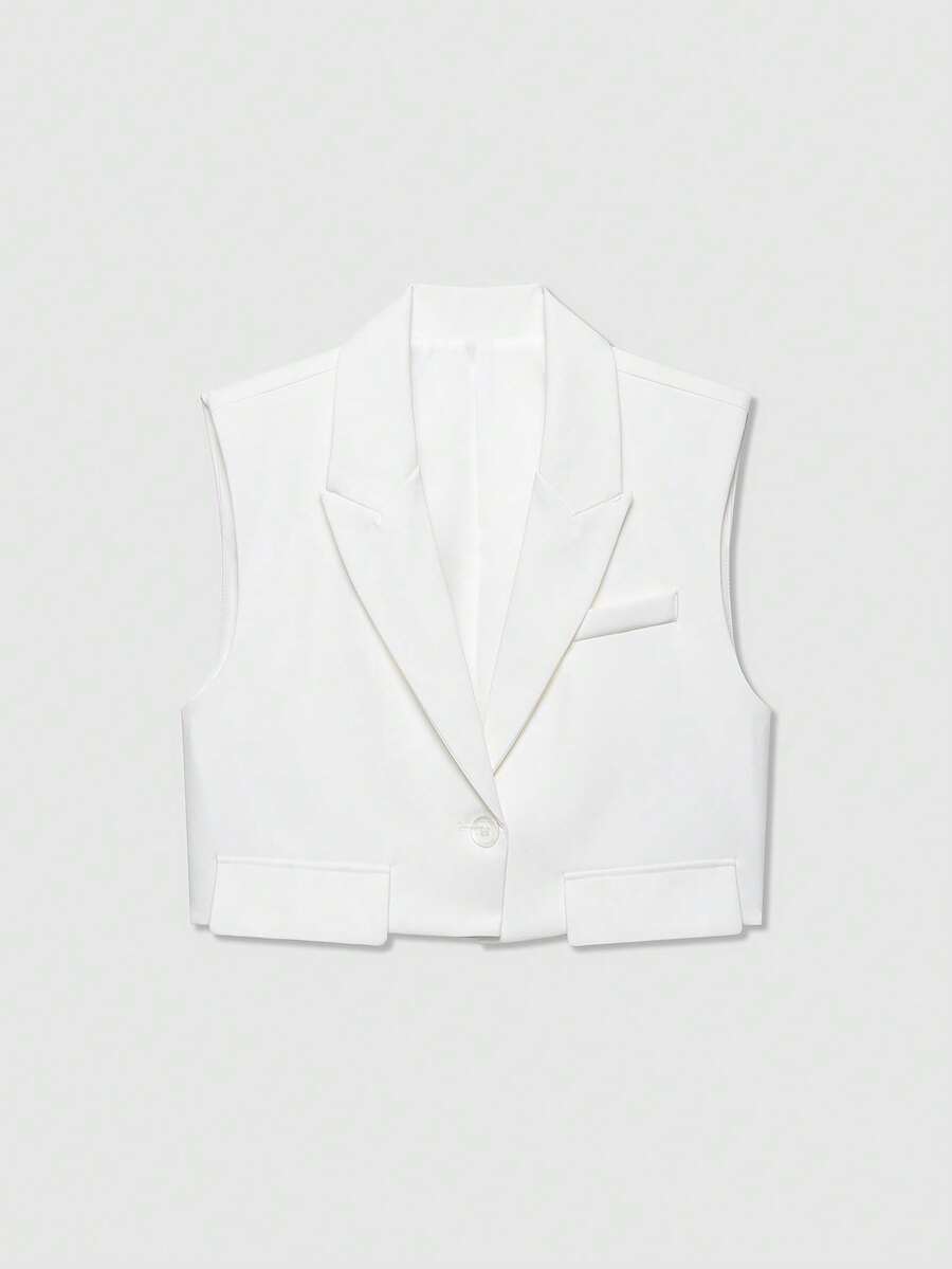 Women Solid Color Lapel Neck Casual Vest Jacket White Spring - White - View 1