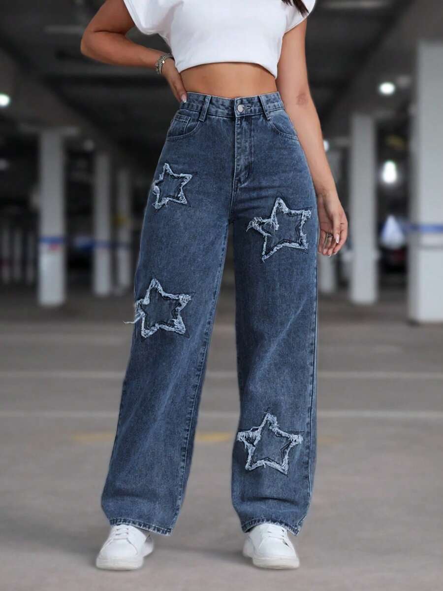 Women's Y2K Baggy Straight Jeans With Pockets, Star Patch Denim Pants, Casual Versatile Streetwear Trousers - 深色水洗藍 - 查看 1