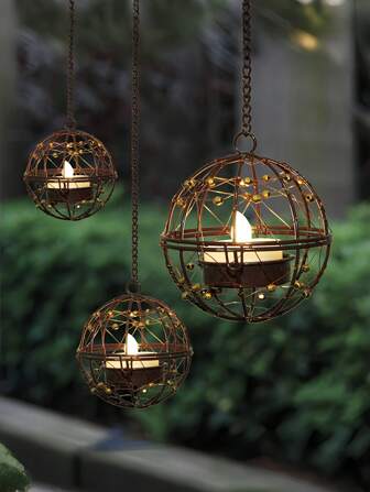 1/2pcs Outdoor Waterproof Hanging Solar Lantern, Solar Powered Flickering Tea Light Candle Holder, Rechargeable Hanging Lamp For Backyard, Garden, Fence