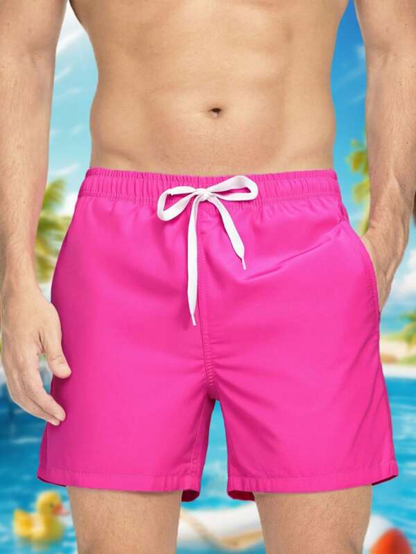 Pantalones cortos de playa con cordón en cintura de unicolor para hombre, diseño minimalista de vacaciones, hawaiano
