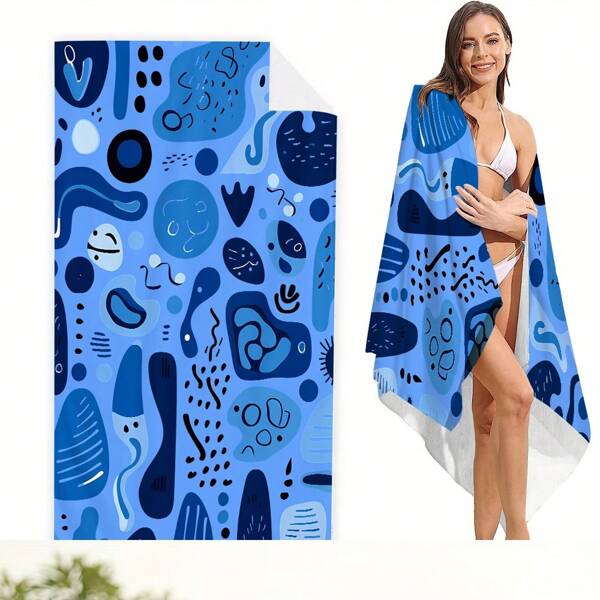 1 peça, toalha de praia macia e confortável com elementos geométricos abstratos azuis, toalha de banho, cobertor - absorvente, de secagem rápida, portátil, leve, ótimo presente para família, estudantes, amigos - impressão digital de alta definição, versátil, adequada para todas as estações, piquenique, acampamento, academia - cobertor especial