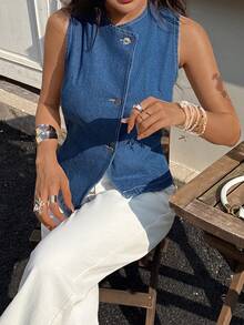 DEEKA Spring Summer New Fashion Casual Simple Women Denim Vest - Blue - View 7