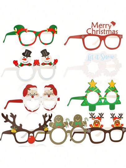 9/18pcs-Christmas Paper Glasses,Cute Santa Claus Snowman Christmas Tree Pattern Decorative Eyeglasses, For Christmas Decoration,Christmas
