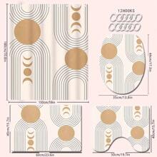4 Stücke Boho Gold Sonnenmuster Badezimmer Set - Duschvorhang, Badematte, U-förmiger Toilettendeckel, wasserdichter Duschvorhang, modischer dekorativer Vorhang, moderne Stil Badezimmer Trennvorhang, ohne Bohren erforderlich, waschbarer Polyester Schulanfang Badezimmer Dekoration