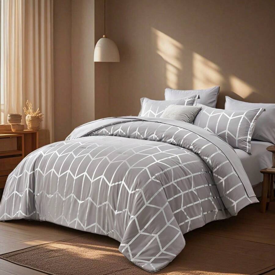 7-Pcs Luxurious Gilded Bed Comforter Sets Queen,100% Microfiber Simple And Fashionable Soft And Comfortable Summer Bedding Set Coverlet Set Suitable For All Four Seasons, Bedroom And Hotel Room Decor, Include 1 Comforter, 4 Pillowcases And 1 Flat Sheet,1 Fitted Sheet. - Màu xám-B48 - Xem 1