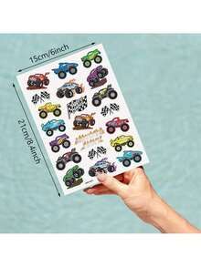 42 片装怪兽卡车主题派对用品临时纹身贴纸 - 金属质感 | 卡车、大型车辆、方格旗+火焰图案，色彩鲜艳明亮，适用于怪兽卡车 - 彩色 - 查看 3