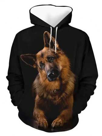 男士 3D 德国牧羊犬印花连帽衫 - 舒适长袖套头衫，带口袋，涤纶混纺，适合春秋季节，休闲街头风格，连帽衫