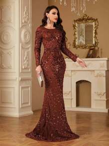 hezixi Vestido de noche de ajuste ceñido con cuello redondo, mangas largas, y bajo de cola de sirena con lentejuelas elásticas. Adecuado para diversos eventos, graduaciones, bodas y diversos banquetes.