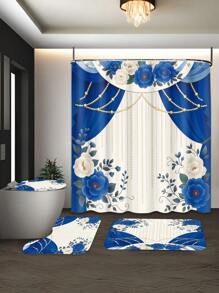 1/4pcs - Blue Floral Shower Curtain Set, Vintage Flower Curtain Faux Pearl Modern Art Decorative 12 Hooks Waterproof Shower Curtain, Non-Slip Bathroom Floor Mat, Toilet U-Shaped Mat, Cover Mat, Home Decor Gift Back To School