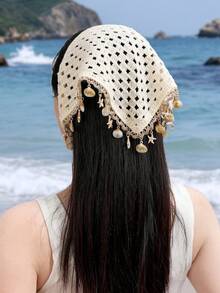 1 件女式头巾米色贝壳和海星钩针镂空流苏头带，夏季波西米亚发饰，适合日常佩戴、运动、海滩和假日搭配时尚头巾休闲发带，头巾秋冬度假装女士 - 米色 - 查看 5