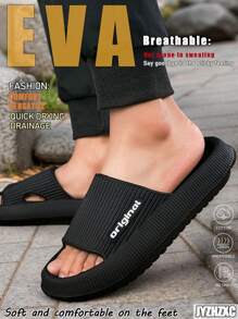 Summer New 3CM Thick Sole Men's Striped Letter Fashion Home Slippers, EVA Material Anti-Slip Anti-Odor Antibacterial Foot Care/Soft Lightweight Comfortable, Suitable For Indoor, Bathroom, Bedroom, Outdoor Beach, Unisex Black Casual Sports Sandals - Black - View 1