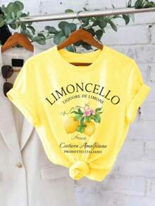 Blusa de Mujer con Estampado Limon limoncello Corta para Uso Casual - Diseño "La Vida es una Aventura", Amarillo Brillante, Cuello Redondo, Poliéster Suave, Ideal para Atuendos de Primavera y Verano, Ropa de Todos los Días - Amarillo - Ver 1