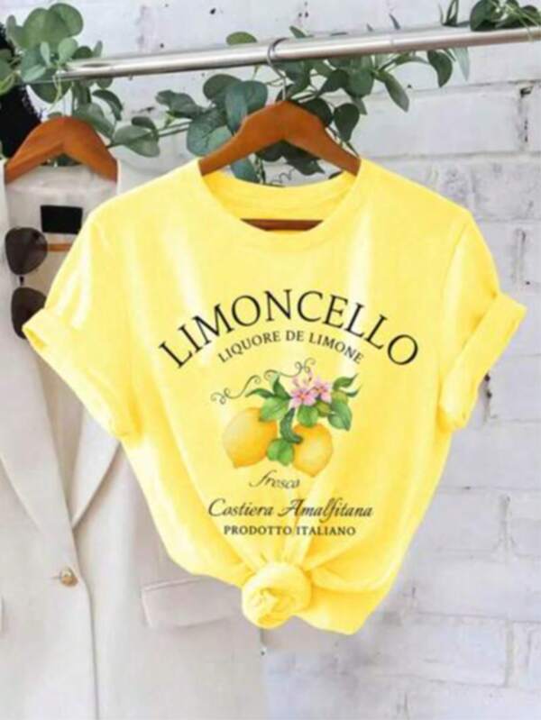 Blusa de Mujer con Estampado Limon limoncello Corta para Uso Casual - Diseño "La Vida es una Aventura", Amarillo Brillante, Cuello Redondo, Poliéster Suave, Ideal para Atuendos de Primavera y Verano, Ropa de Todos los Días